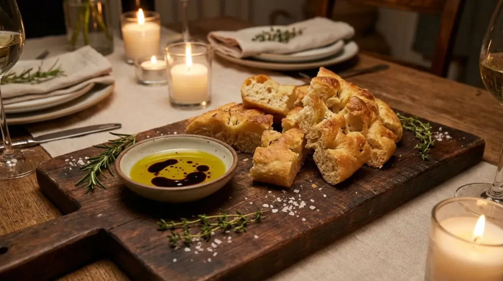 Serving sourdough focaccia bread pieces alongside olive oil dip and spinach dip for party