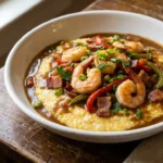 Shrimp and grits recipe with creamy cheese grits topped with seasoned shrimp beef bacon and savory sauce