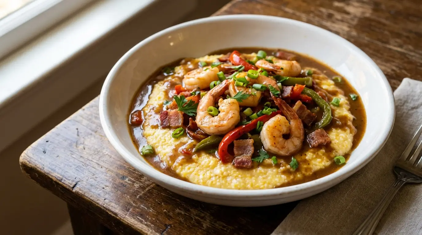 Shrimp and grits recipe with creamy cheese grits topped with seasoned shrimp beef bacon and savory sauce