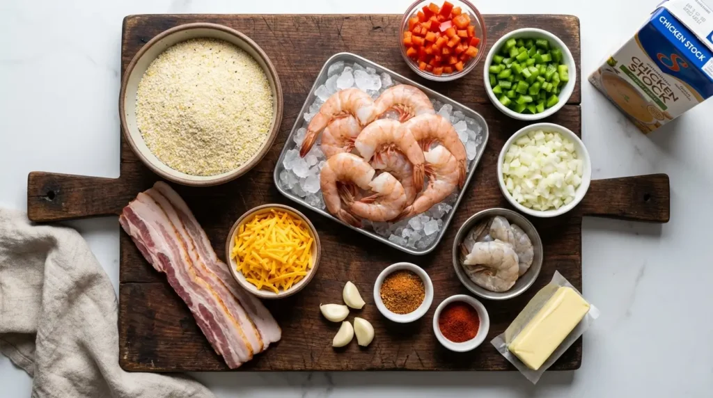 Ingredients for shrimp and grits including stone ground grits raw shrimp beef bacon cheese and vegetables