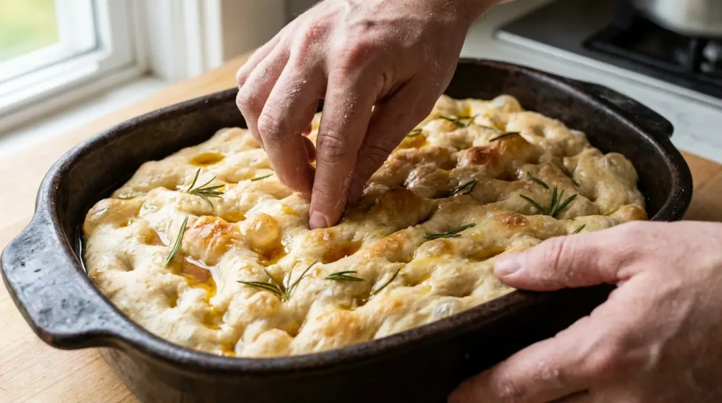 Sourdough focaccia dough in pan with fingers pressing dimples before baking with olive oil and rosemary