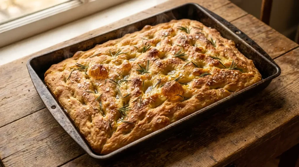 Sourdough focaccia recipe golden crispy bread with rosemary and sea salt in baking pan