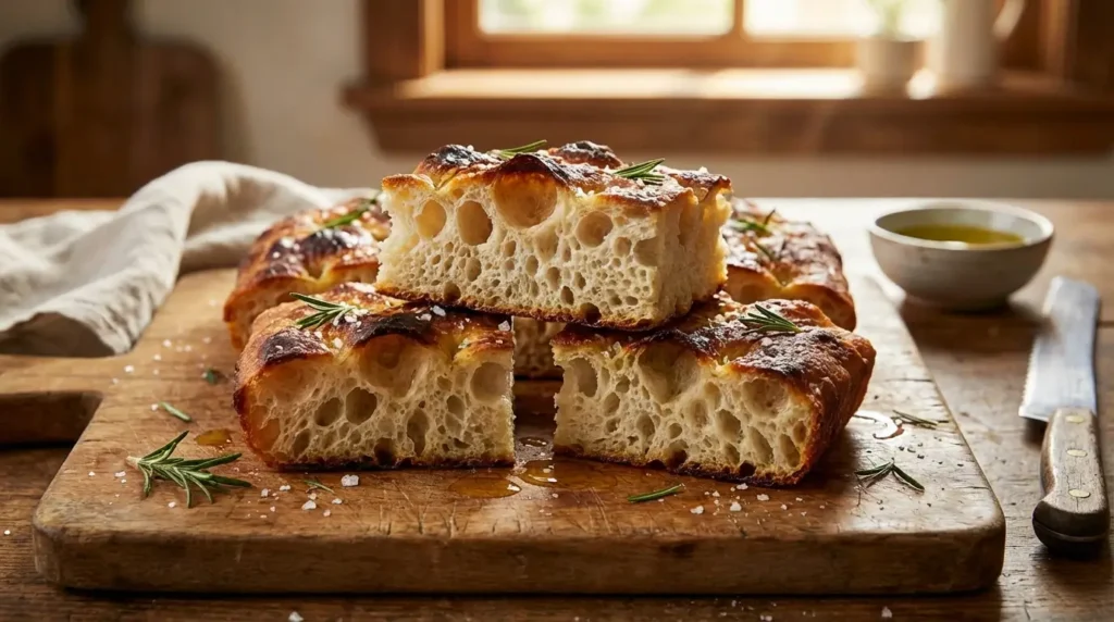 Sliced sourdough focaccia bread showing airy open crumb with crispy golden crust and olive oil