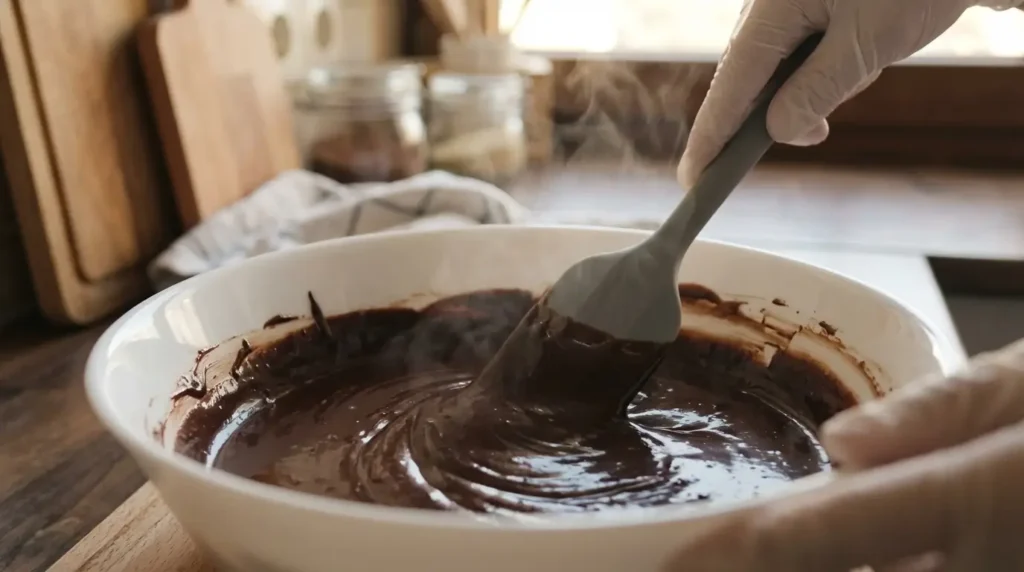 Stirring chocolate ganache in white bowl with spatula until smooth and glossy