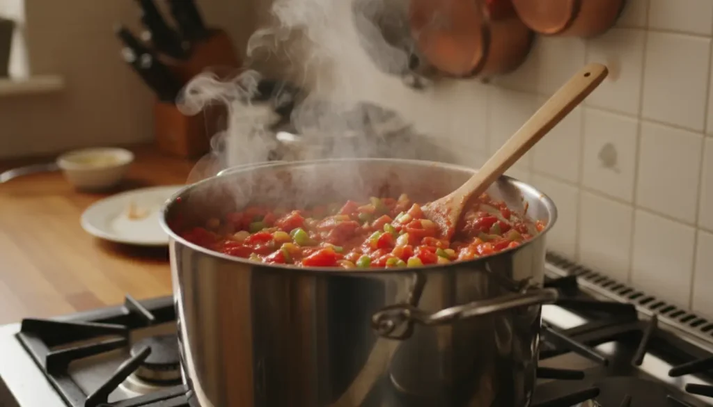 Straining homemade tomato juice through fine mesh sieve to remove seeds and skins