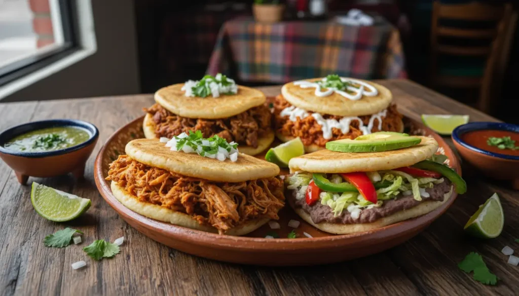 Assorted stuffed gorditas with different fillings including chicken tinga refried beans and carnitas on colorful serving platter