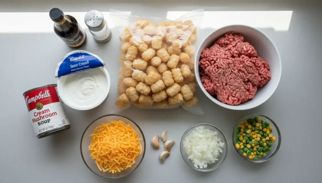 Ingredients for tater tot casserole including frozen tots ground beef cream of mushroom soup cheese and vegetables on kitchen counter
