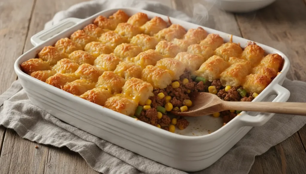 Tater tot casserole recipe with golden crispy tots ground beef and melted cheese in white baking dish
