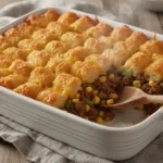 Tater tot casserole recipe with golden crispy tots ground beef and melted cheese in white baking dish