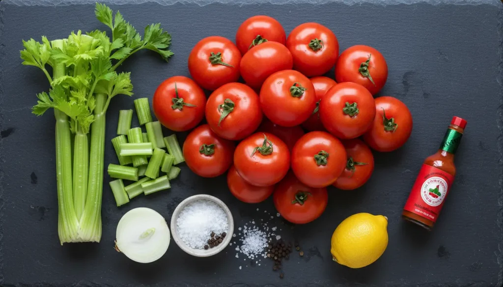 Ingredients for homemade tomato juice recipe including ripe tomatoes celery onion and spices