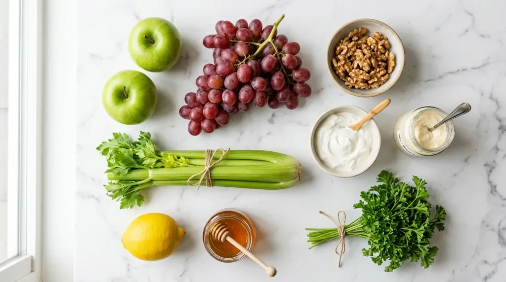 Waldorf salad ingredients including apples grapes walnuts celery mayonnaise and Greek yogurt on marble
