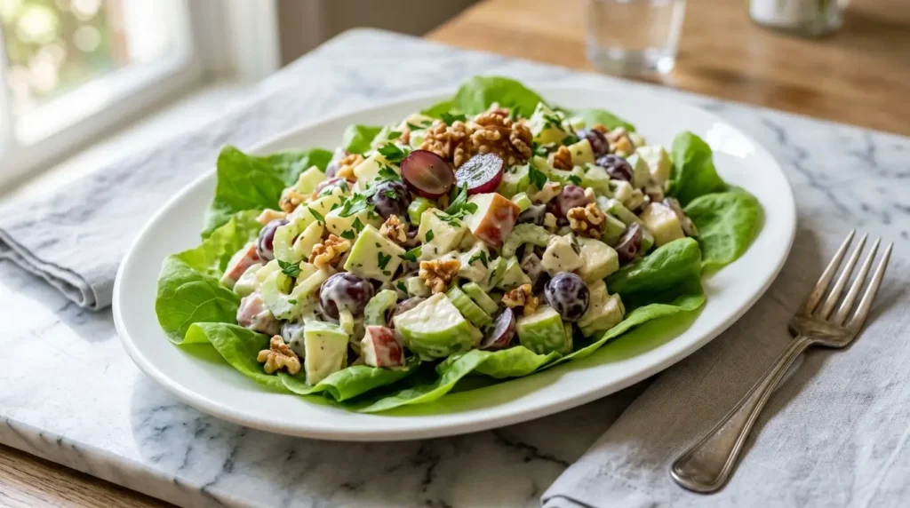 Waldorf salad recipe with apples grapes walnuts and celery in creamy dressing on white plate