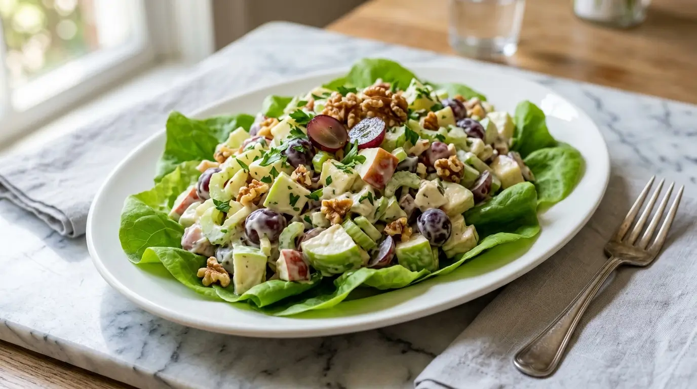 Waldorf salad recipe with apples grapes walnuts and celery in creamy dressing on white plate