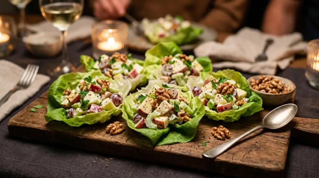 Waldorf salad served on lettuce leaves on rustic wooden board as elegant side dish for dinner