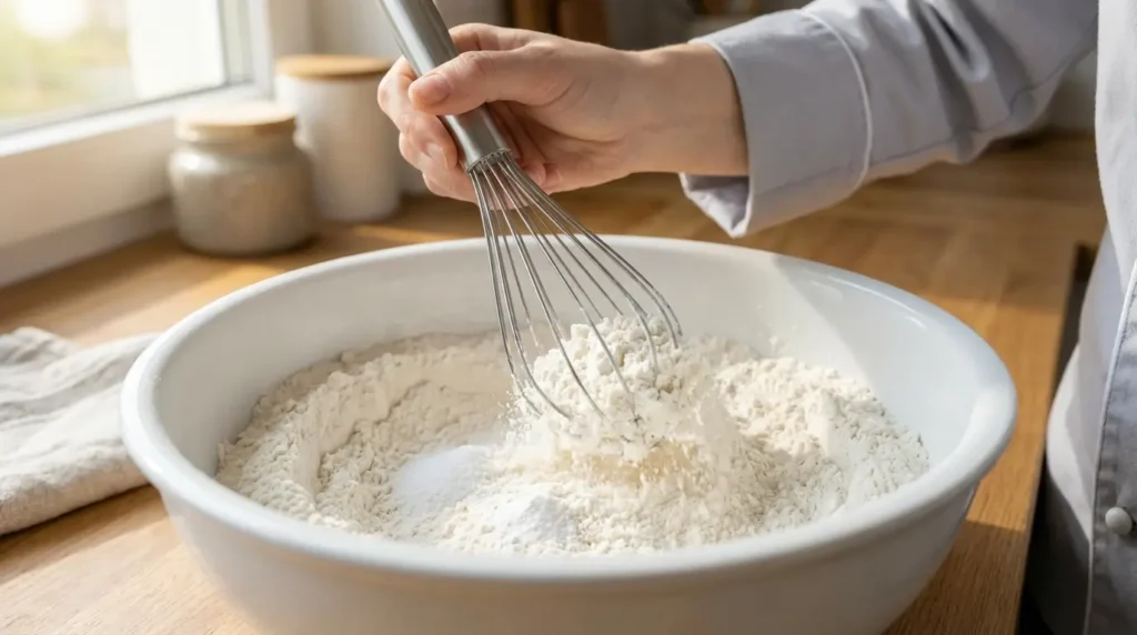 Whisking together self rising flour ingredients in white bowl until evenly combined