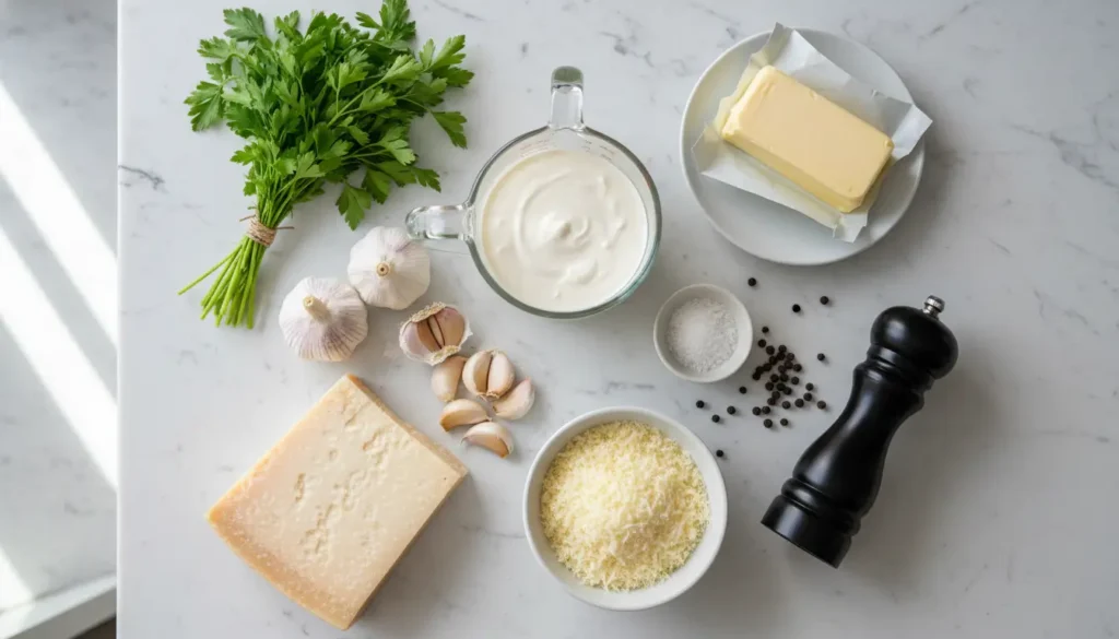 Ingredients for white pasta sauce recipe including heavy cream butter garlic Parmesan cheese and black pepper on marble counter