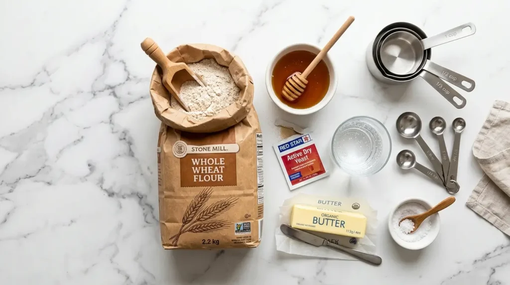 Whole wheat bread ingredients including whole wheat flour honey yeast butter salt and water on marble