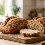 Whole wheat bread recipe showing two golden homemade loaves sliced on wooden cutting board