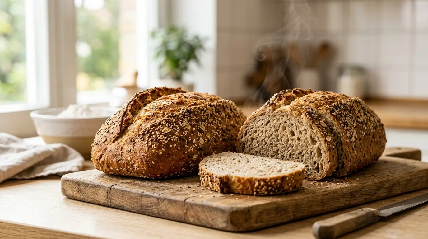 Whole wheat bread recipe showing two golden homemade loaves sliced on wooden cutting board