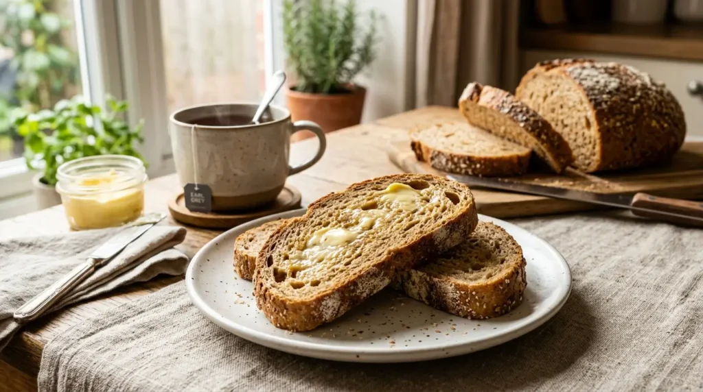 Sliced whole wheat bread on plate with butter showing soft hearty interior perfect for sandwiches