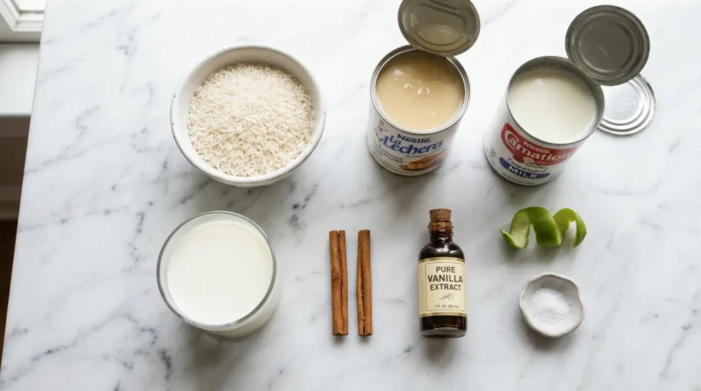 Arroz con leche ingredients including rice condensed milk evaporated milk cinnamon sticks and vanilla