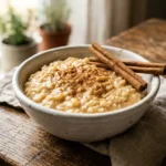 Arroz con leche recipe in white bowl showing creamy rice pudding dusted with cinnamon and cinnamon sticks