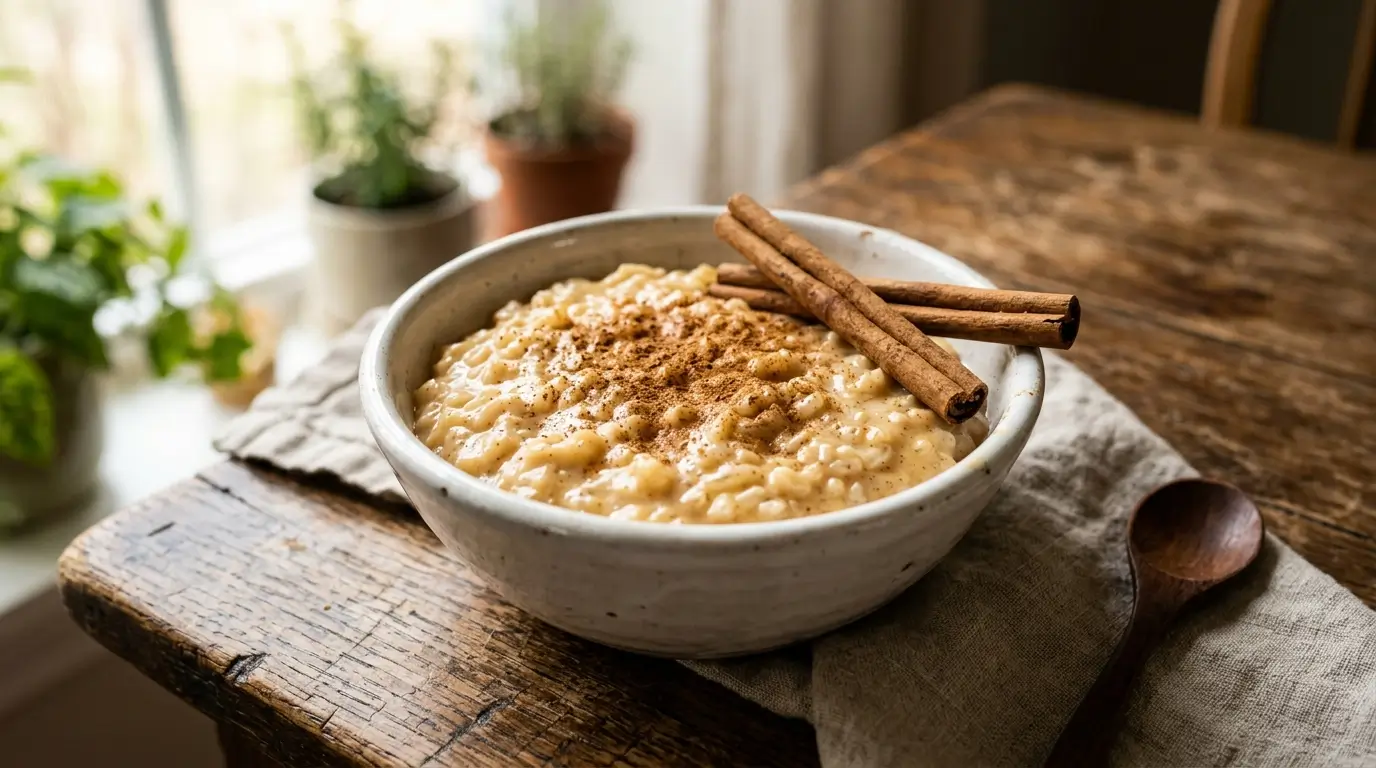 Arroz con leche recipe in white bowl showing creamy rice pudding dusted with cinnamon and cinnamon sticks