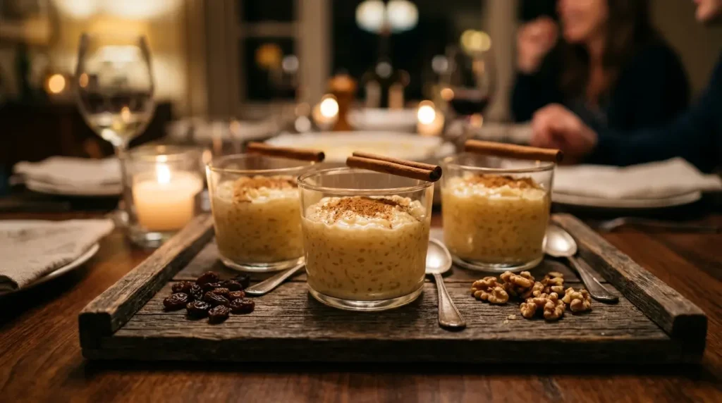 Stirring creamy arroz con leche in saucepan as rice simmers in three milks mixture on stovetop
