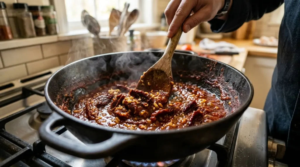 Cooking sun dried tomatoes garlic and tomato paste in pot to build marry me chicken soup base