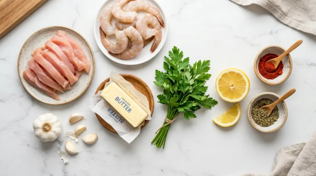 Chicken and shrimp recipe ingredients including chicken breast shrimp butter garlic lemon and herbs