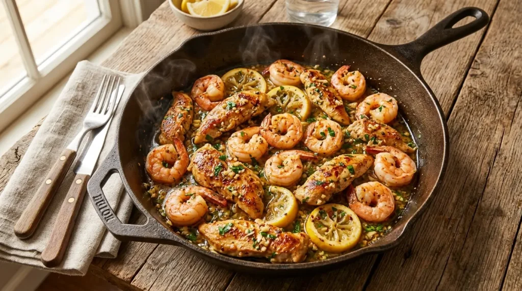 Chicken and shrimp recipe in skillet with garlic butter sauce lemon and fresh parsley