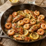 Chicken and shrimp recipe in skillet with garlic butter sauce lemon and fresh parsley