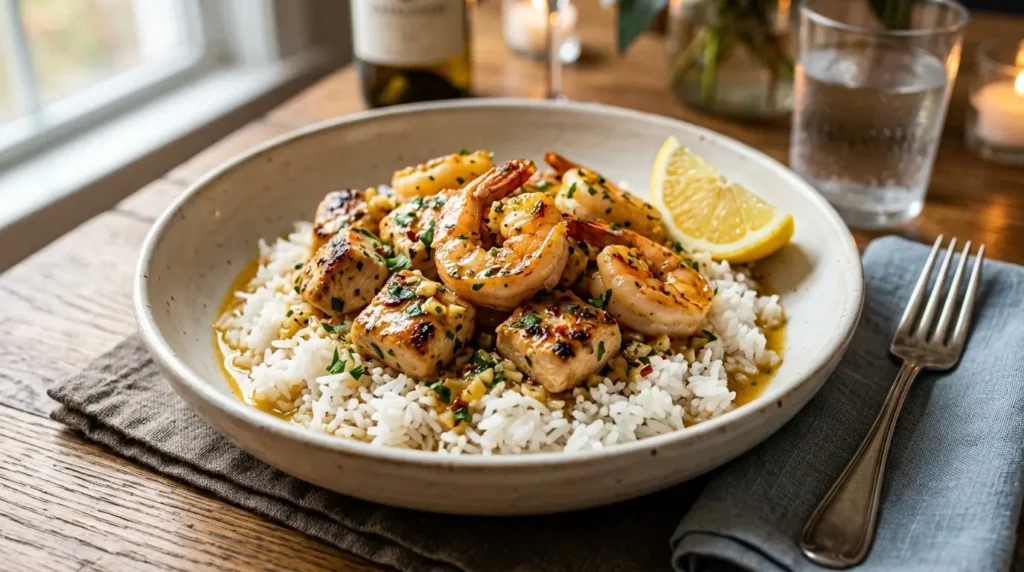 Chicken and shrimp garlic butter recipe served over white rice with lemon wedge and parsley garnish