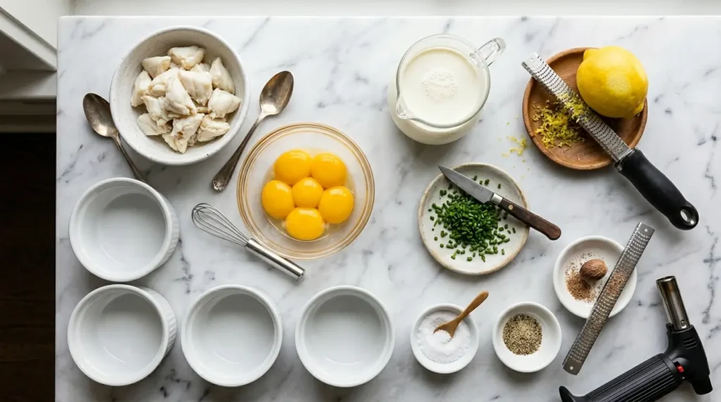 Crab brulee recipe ingredients including lump crab meat egg yolks heavy cream lemon and chives