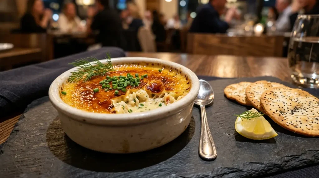 Crab brulee recipe in white ramekin with golden caramelized sugar crust and fresh chives garnish