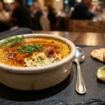 Crab brulee recipe in white ramekin with golden caramelized sugar crust and fresh chives garnish