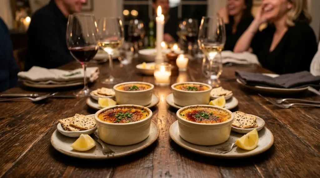 Crab brulee served as elegant appetizer on white plate with crackers lemon wedge and chives at dinner party