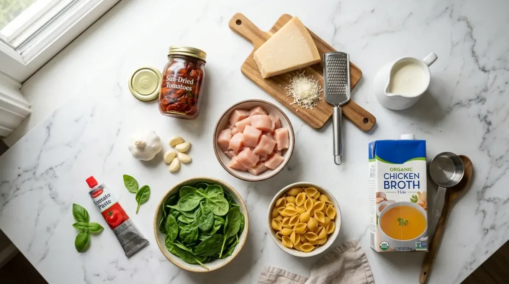 Marry me chicken soup ingredients including chicken sun dried tomatoes parmesan cream garlic and spinach