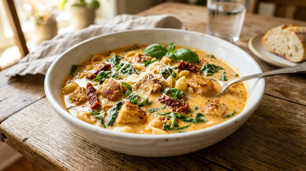 Marry me chicken soup recipe in white bowl showing creamy Tuscan broth with chicken sun dried tomatoes and spinach