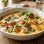 Marry me chicken soup recipe in white bowl showing creamy Tuscan broth with chicken sun dried tomatoes and spinach
