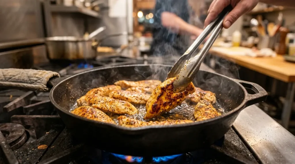 Searing seasoned chicken strips in cast iron skillet until golden brown for chicken and shrimp recipe