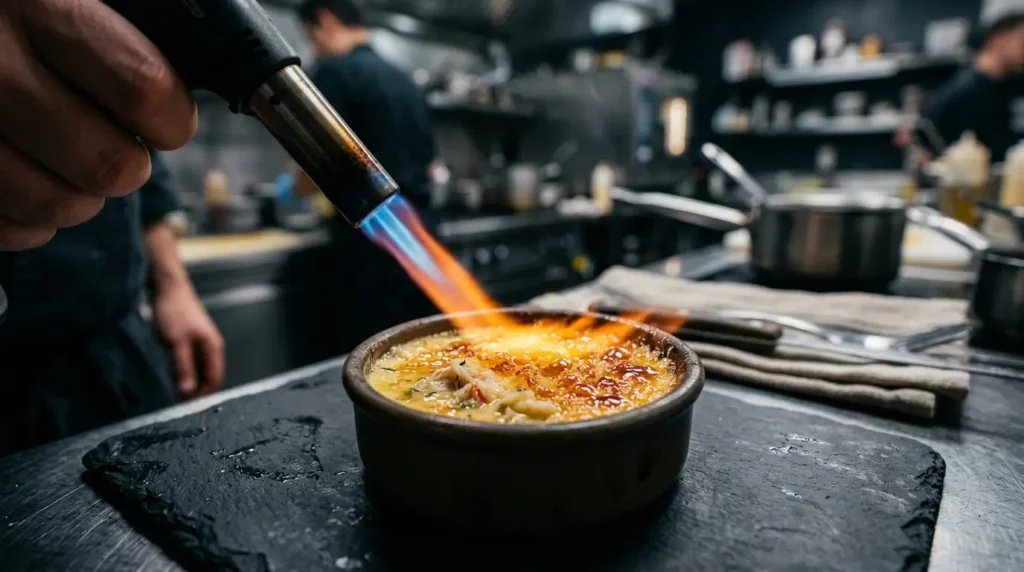 Using kitchen torch to caramelize sugar on top of crab brulee ramekin creating golden crust