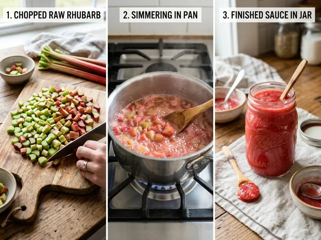 Step by step rhubarb sauce recipe process from raw rhubarb to finished sauce in jar