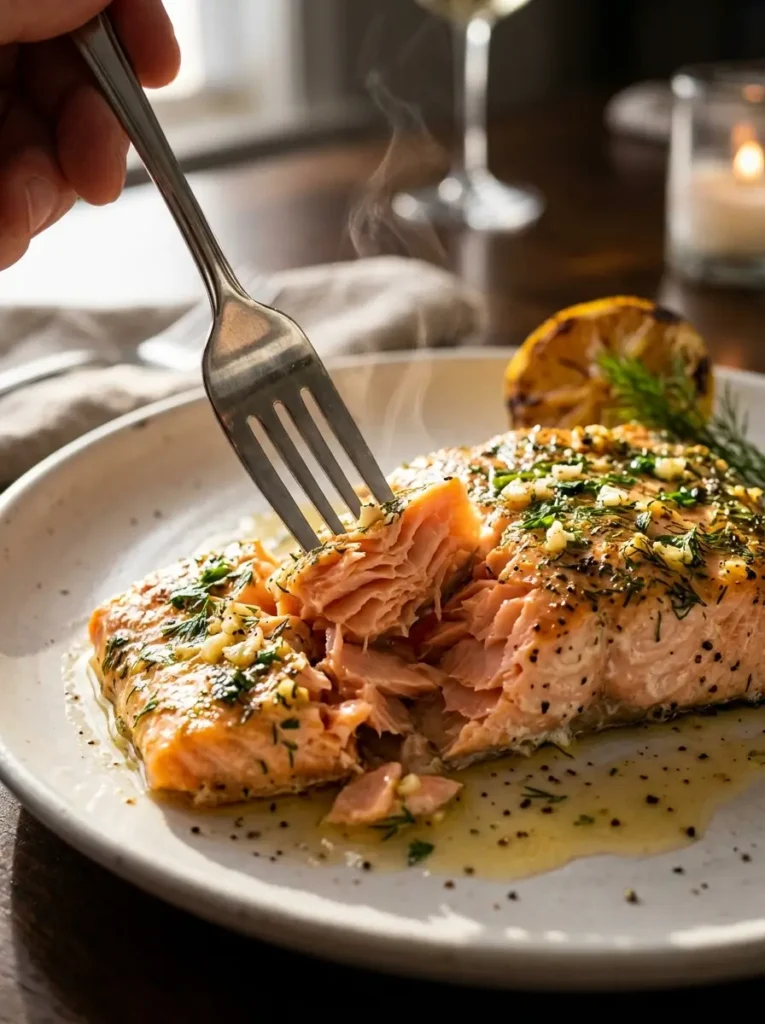 Baked salmon recipe flaky tender texture fork pulling apart perfectly cooked fillet closeup