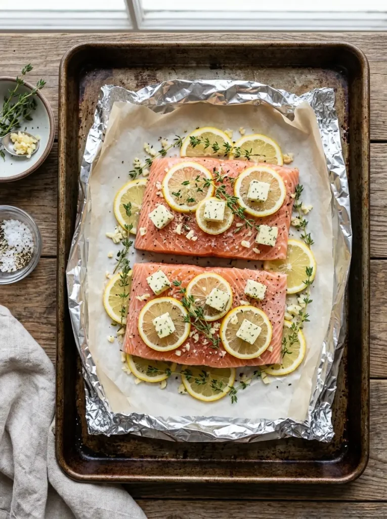 Baked salmon recipe in foil pack with lemon slices garlic butter and fresh herbs before baking