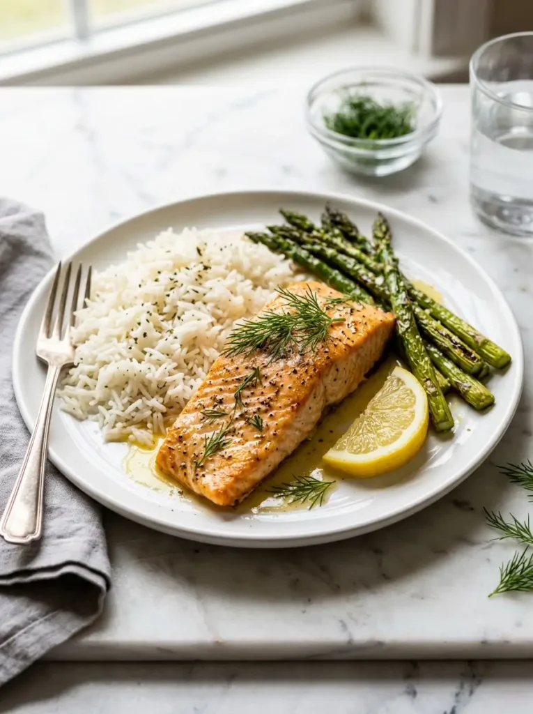 Baked salmon recipe plated with roasted asparagus rice lemon wedge and fresh dill on white plate