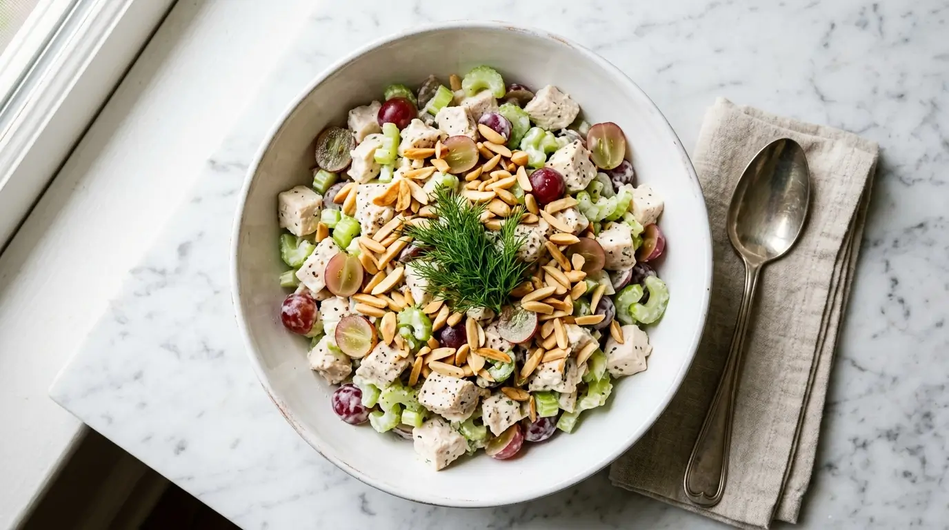 Best homemade chicken salad recipe in a bowl with celery grapes and almonds