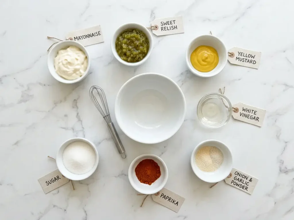 Big Mac sauce ingredients laid out with mayonnaise sweet relish mustard and spices