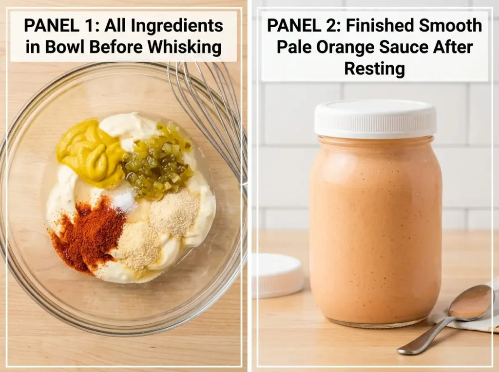 Step by step Big Mac sauce recipe mixing process before and after resting
