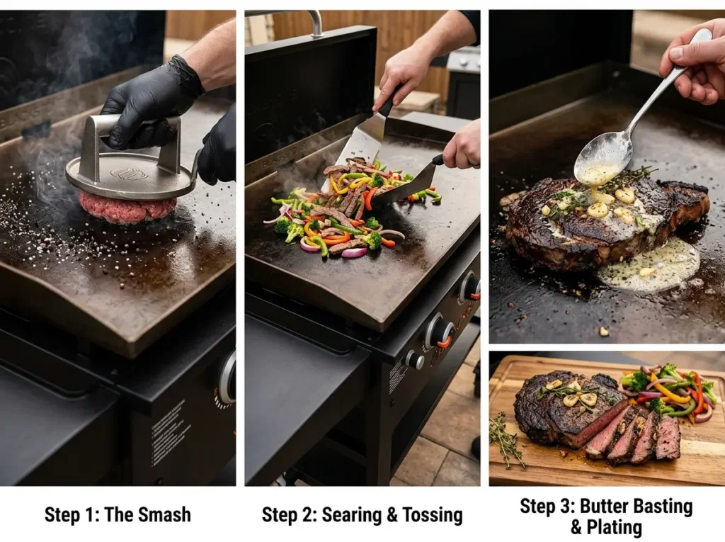 Step by step Blackstone griddle cooking process from seasoning to plated steak